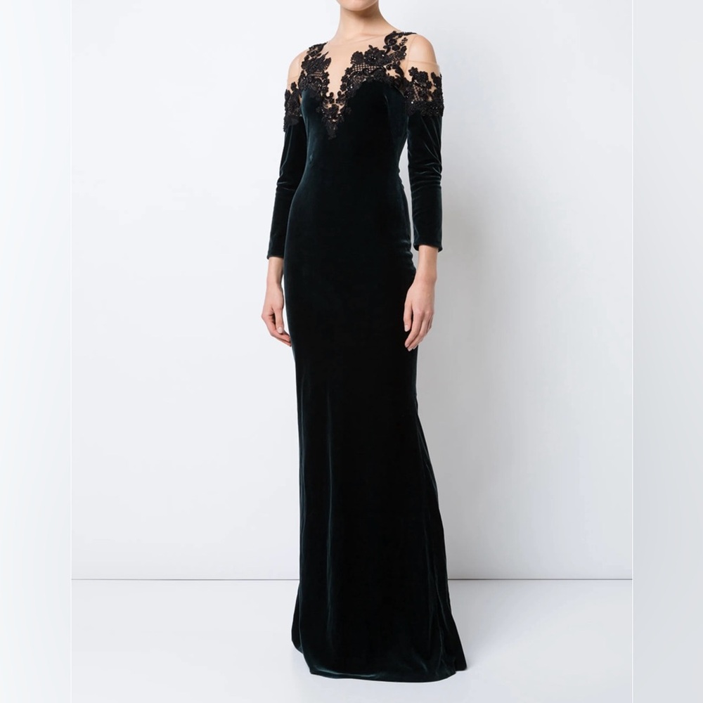Marchesa Notte Dark Green Velvet Beaded Evening Gown